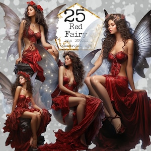 PNG Red Fairies Watercolor Clipart High Quality transparent png for Commercial Use Instant Download Paper Crafts Junk Journal Scrapbooking