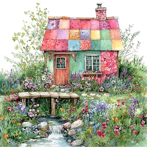 May include: A watercolor painting of a small cottage with a patchwork roof and a wooden bridge leading to a stream with a waterfall. The cottage is surrounded by a lush garden with flowers in various colors.