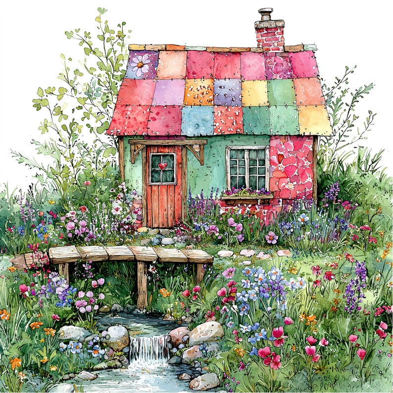 May include: A watercolor painting of a small cottage with a patchwork roof and a wooden bridge leading to a stream with a waterfall. The cottage is surrounded by a lush garden with flowers in various colors.