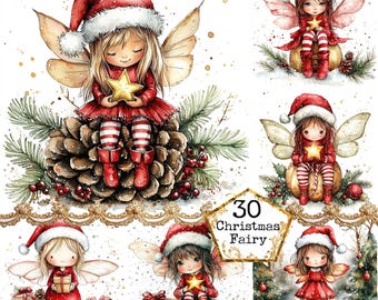 May include: Watercolor illustrations of Christmas fairies. Each fairy is depicted with blonde or brown hair, wearing a red Santa hat and dress, and holding a star. Some fairies are seated on pinecones or pumpkins, while others are surrounded by gifts and Christmas trees.