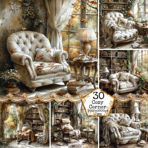 Shabby Chic Cottage Interior JPEG Cozy Corner Commercial Use Cozy Grandma&#39;s House Instant Download Paper Crafts Junk Journal Scrapbooking