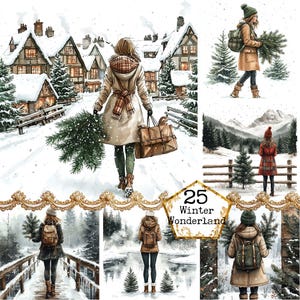 Paquete de imágenes prediseñadas de niña de invierno y árbol de Navidad con acuarela JPEG, gráficos de escenas invernales, descarga instantánea, manualidades con papel, diario basura, álbumes de recortes