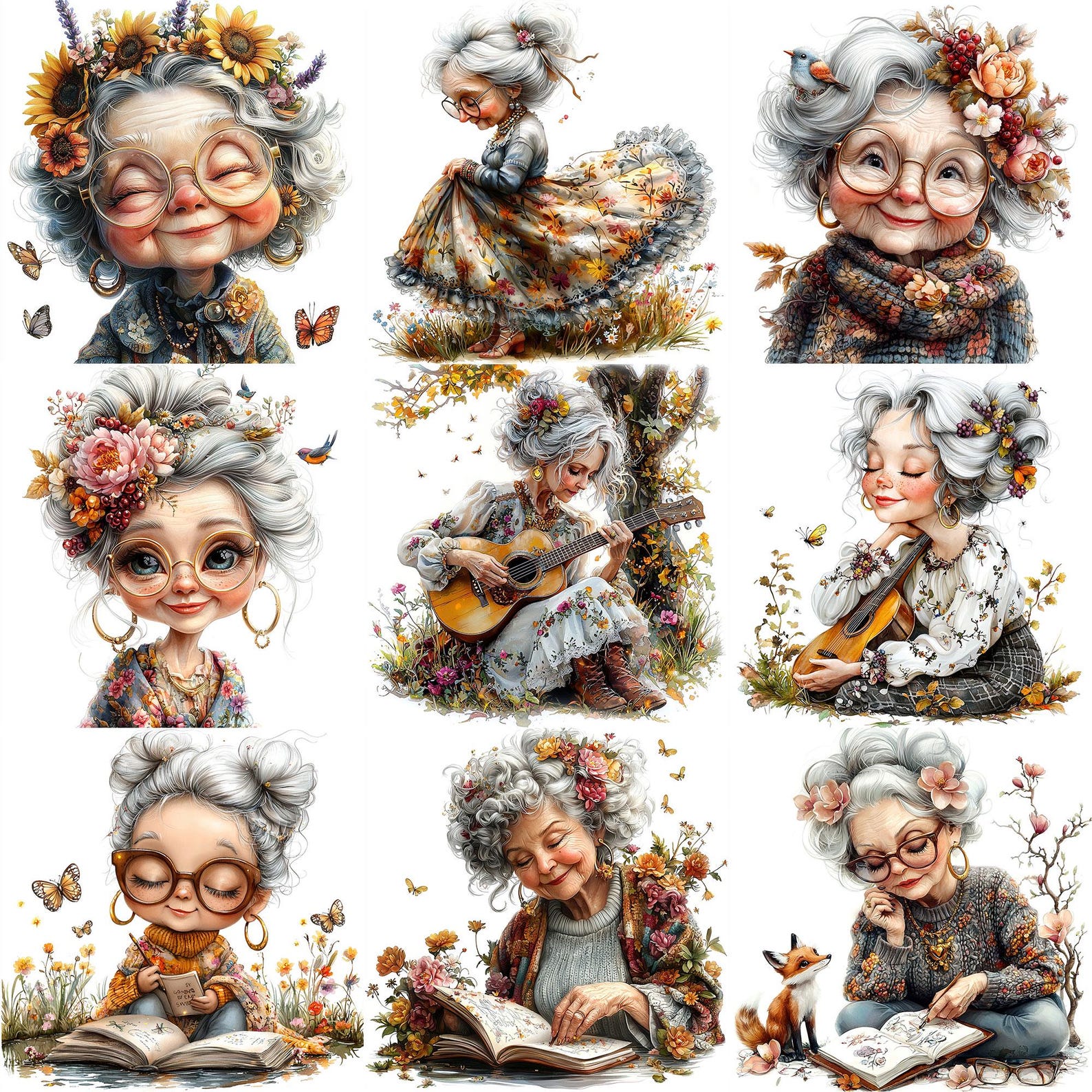 JPEG Watercolor Bohemian Granny Clipart Bundle Elderly Lady Funny ...