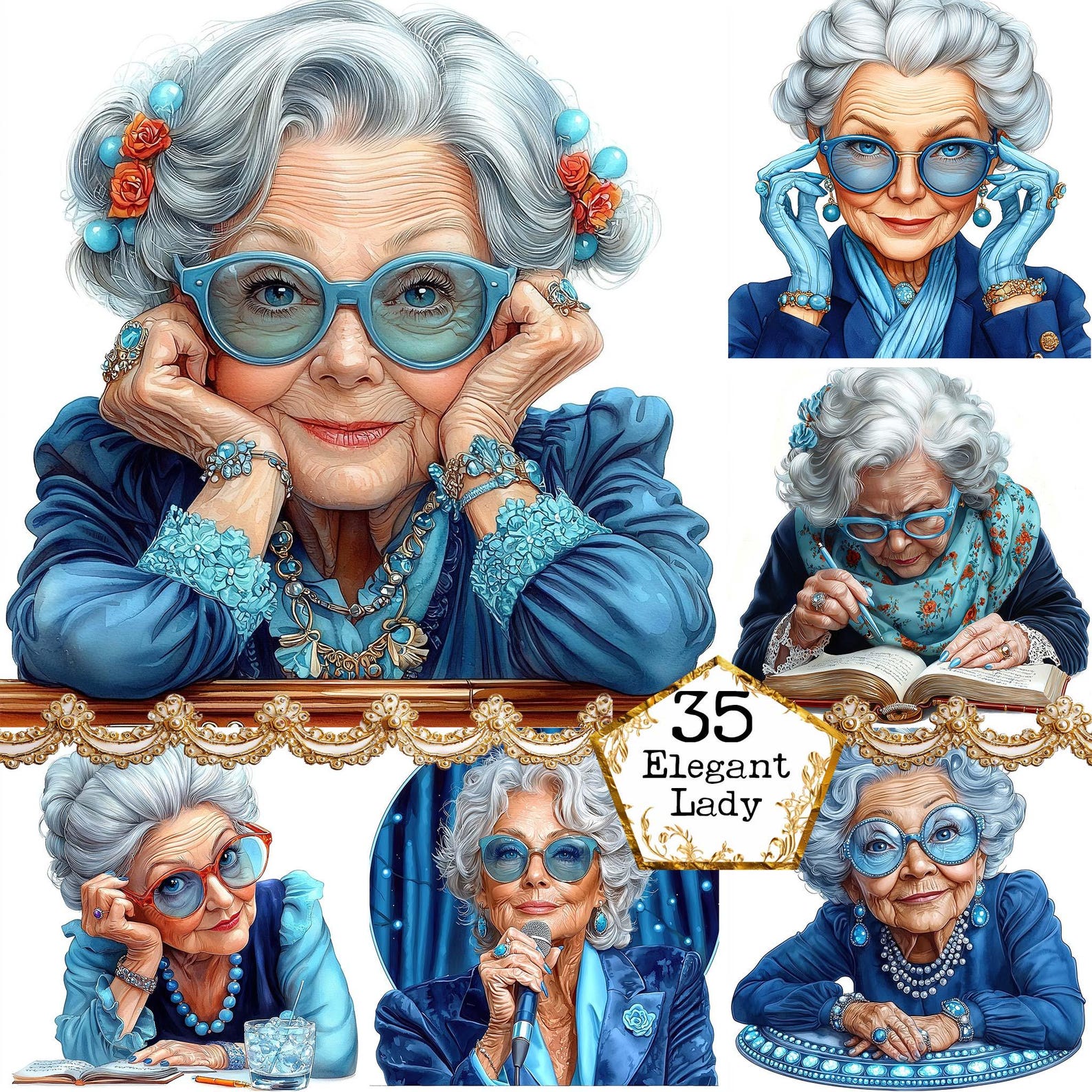 JPEG Watercolor Elegant Lady in Blue Clipart Bundle Elderly Lady ...