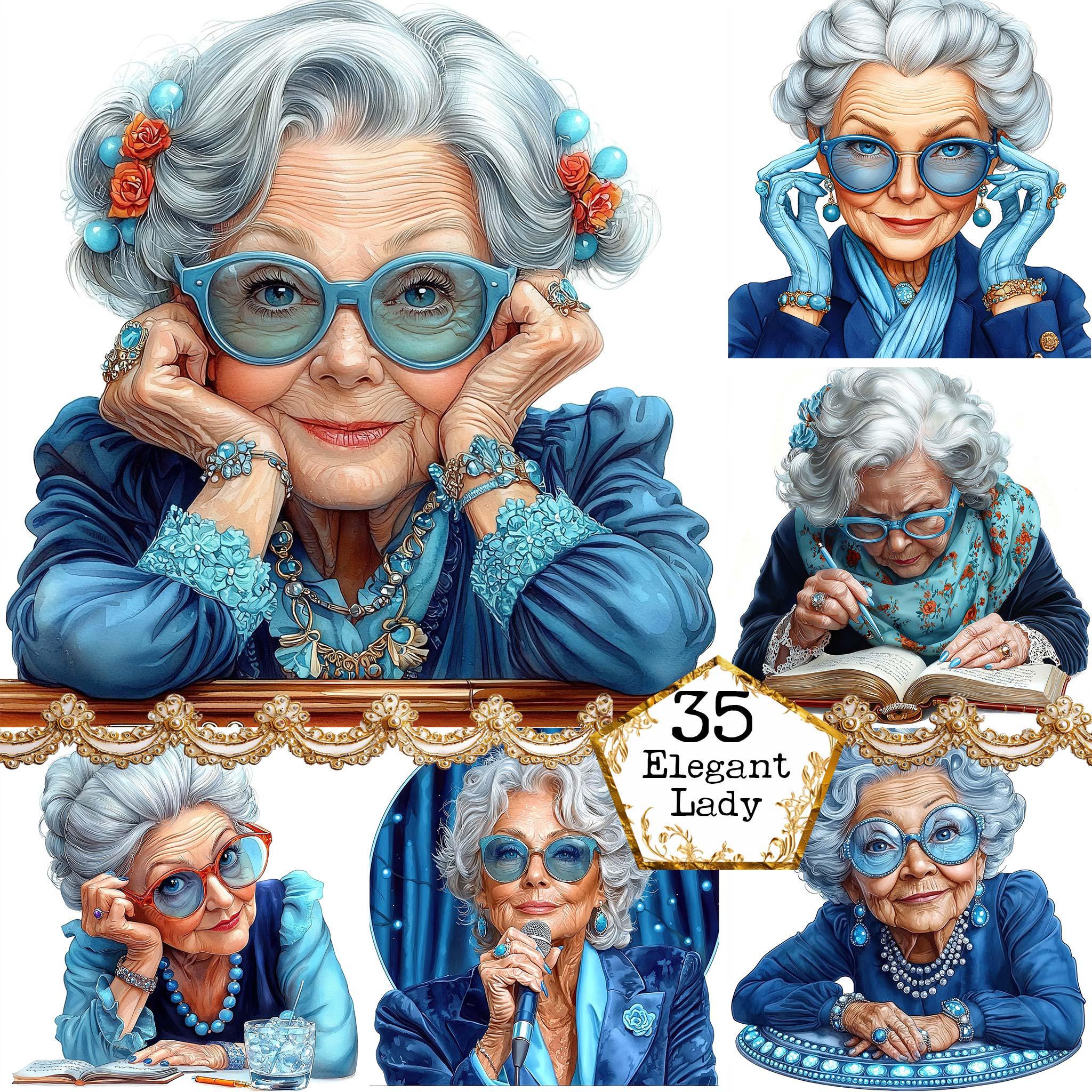 JPEG Watercolor Elegant Lady in Blue Clipart Bundle Elderly Lady ...