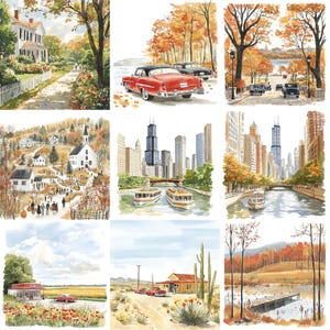 a series of four pictures of a city