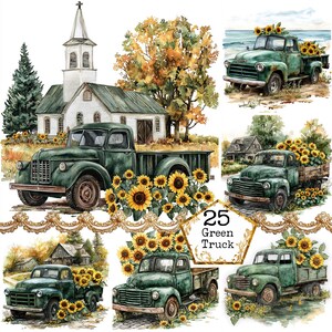 JPEG  Rustic Green Farm Truck Clipart Bundle Barn Sunflowers Old Truck Country Farm Sublimation Design Clipart Farmer Barnyard Paper Crafts