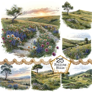 JPG Pacchetto di clipart Rolling Hills JPEG Paesaggio Clipart Uso commerciale Clipart di erba Download istantaneo Artigianato di carta Junk Journal Scrapbooking