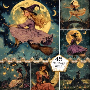 JPEG Vintage Night Witch Graphics Carte litografiche Vintage Witch Halloween Arte pagana Download immediato Carta artigianale Diario spazzatura Scrapbooking
