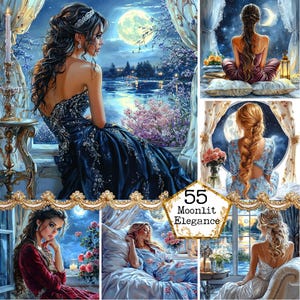 JPEG Bella ragazza in una grafica da notte Ragazza luna Routine notturna Finestra Clipart Download immediato Artigianato di carta Diario spazzatura Scrapbooking