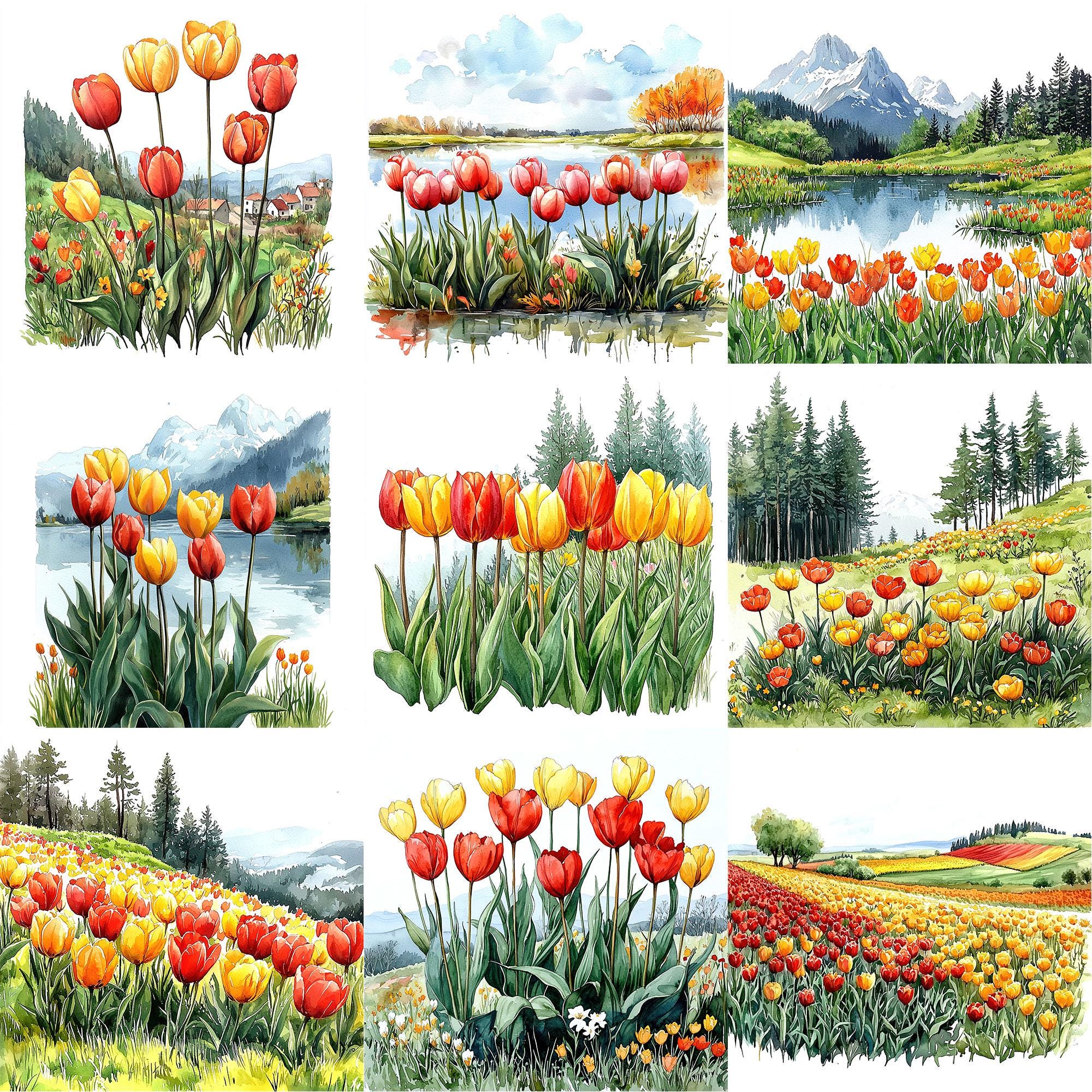 JPEG Watercolor Tulip Scene Clipart Bundle Spring Flowers Clipart ...