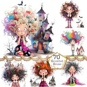 Pacchetto di clipart di ragazza eccentrica e casa infestata con acquerello JPEG, clipart di ragazza stravagante, download istantaneo di carta, artigianato, diario, scrapbooking