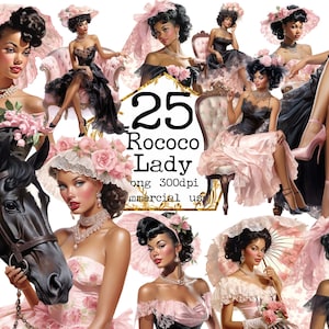 Rococo Rose Lady Clipart bundel bloemenjurk Clipart Black Vintage Lady Clipart bundel papier ambachten ongewenste Journal papier ambachten commercieel gebruik