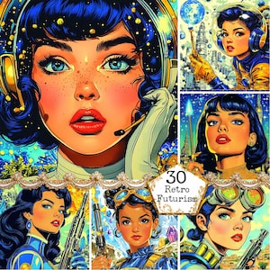 Paquete de chicas viajeras del espacio con estilo de cómic retro en formato JPG, arte pop, chica del arte pop, héroe retro, descarga instantánea, papel, manualidad, diario basura, álbum de recortes