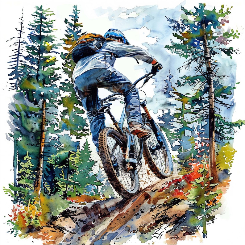 May include: A watercolor painting of a person riding a mountain bike through a forest. The bike is blue and has a black seat. The person is wearing a blue helmet and a grey shirt. The forest is green and has a lot of trees.