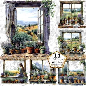 May include: A digital collage of 14 cottage window images with a rustic wooden frame and a view of a lush green landscape. Each window is decorated with potted plants and flowers, creating a charming and inviting scene.