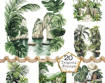PNG + JPEG Watercolor Tropical Foliage Clipart Bundle  Summer Leaves Clipart Florals Instant Download Paper Crafts Junk Journal Scrapbooking