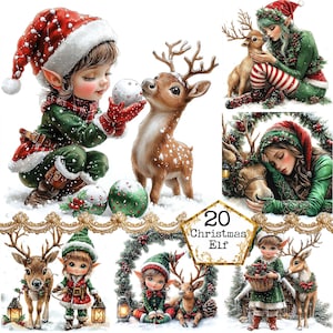 JPEG Weihnachtself Mädchen mit Rentier Clipart Bundle Niedlich Winter Clipart Weihnachten Sofortiger Download Papier Handwerk Junk Journal Scrapbooking
