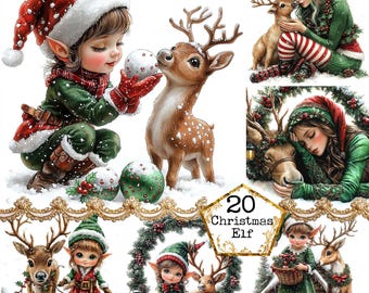 May include: A digital illustration featuring multiple Christmas elf characters and reindeer. The elves are depicted in festive attire, including red and green outfits and Santa hats. The reindeer have brown fur and antlers. The image has a whimsical, fairytale-like quality.
