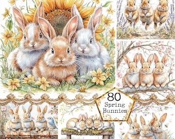 JPEG Watercolor Spring Bunnies Clipart Bundle Floral Rabbits Clipart Easter Bunny Instant Download Paper Crafts Junk Journal Scrapbooking