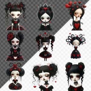 Pu&ograve; includere: Illustrazione digitale di dieci bambole in stile gotico con capelli neri, cuori rossi e abiti neri. Le bambole indossano tutte abiti e accessori diversi e guardano tutte lo spettatore.