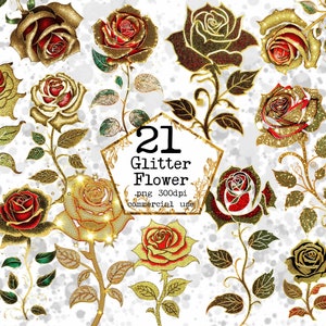 PNG Glitter Roses Clipart Bundle Golden Roses Golden Flower PNG Commercial Use Instant Download Paper Crafts Junk Journal Scrapbooking
