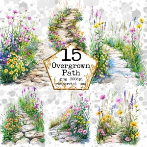 Könnte beinhalten: Eine digitale Illustration von 15 überwucherten Steinwegen mit verschiedenen Wildblumen in den Farben Rosa, Lila, Gelb und Weiß. Der Text "15 Overgrown Path .png 300dpi commercial use" befindet sich in einem goldenen Rahmen.