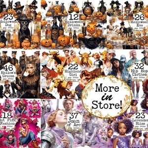 May include: A digital collage of various Halloween and fashion themed illustrations. The images include a dog, drinks, a girl, a woman, a couple, and a group of people. The images are all in a digital art style and are set against a variety of backgrounds.