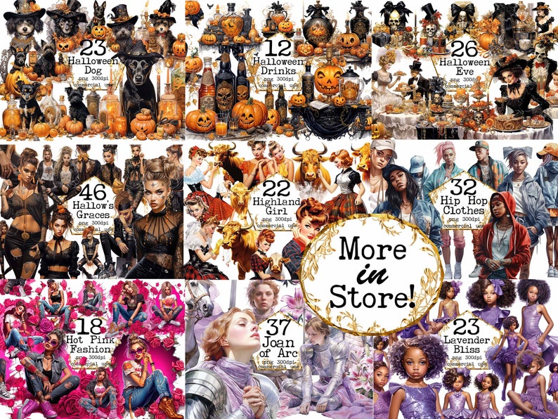May include: A digital collage of various Halloween and fashion themed illustrations. The images include a dog, drinks, a girl, a woman, a couple, and a group of people. The images are all in a digital art style and are set against a variety of backgrounds.