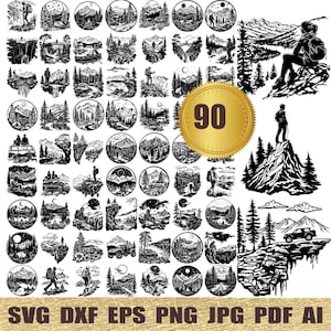 May include: A set of 90 black and white SVG cut files featuring various mountain, forest, and nature scenes. The designs include trees, mountains, rivers, and other natural elements. The files are perfect for creating custom crafts, home decor, and more.