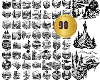May include: A set of 90 black and white SVG cut files featuring various mountain, forest, and nature scenes. The designs include trees, mountains, rivers, and other natural elements. The files are perfect for creating custom crafts, home decor, and more.