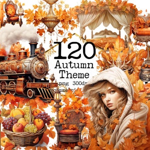 PNG grande aquarela outono clipart pacote menina caminhão móveis folhas trem xícara de chá papel download instantâneo artesanato lixo diário scrapbooking