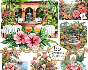 JPEG Watercolor Tropical Florals Graphics Summer Clipart Summer Greenery island Art Instant Download Paper Crafts Junk Journal Scrapbooking