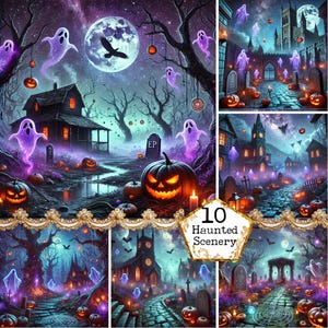 JPEG Viola Halloween Scenario infestato Illustrazione Grafica fantasma Sfondi di Halloween Cimitero Artigianato di carta Diario spazzatura Scrapbooking