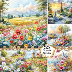 Aquarelle de printemps JPEG Paysage de printemps Illustration de prairie florale Printemps Téléchargement instantané Artisanat en papier Journal indésirable Scrapbooking
