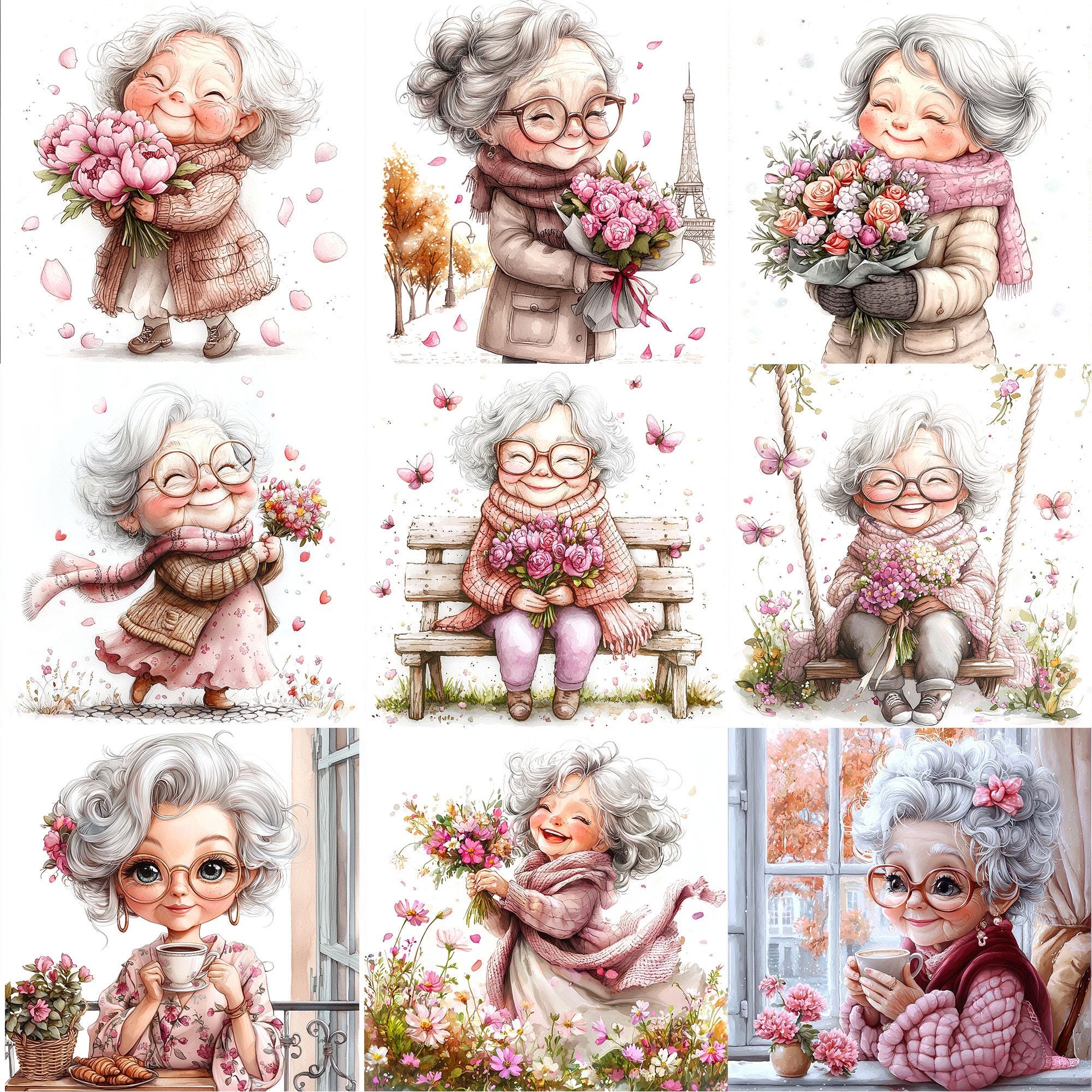JPEG Watercolor Spring Granny Clipart Bundle Funny Floral Granny Spring ...
