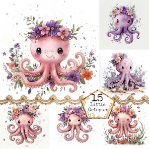JPEG Watercolor Little Octopus Clipart Bundle Nursery Art Baby Animal Commercial Use Instant Download Paper Crafts Junk Journal Scrapbooking