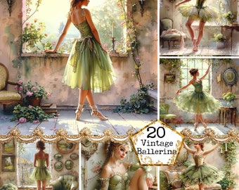 JPEG acuarela Shabby Chic Ballerina JPEG Descarga instantánea Interiores Clipart Shabby Chic Fondos Papel Artesanía Junk Journal Scrapbooking