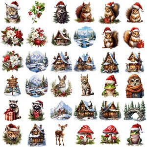 May include: A collection of 36 Christmas-themed illustrations featuring various animals, houses, and winter scenes. The illustrations include a red-nosed reindeer, a squirrel wearing a Santa hat, a frog wearing a Santa hat, a snowy owl, a raccoon wearing a Santa hat, a fox wearing a Santa hat, a rabbit, a cat, a house with a snowy roof, a bridge over a stream, and a mushroom with a red cap.