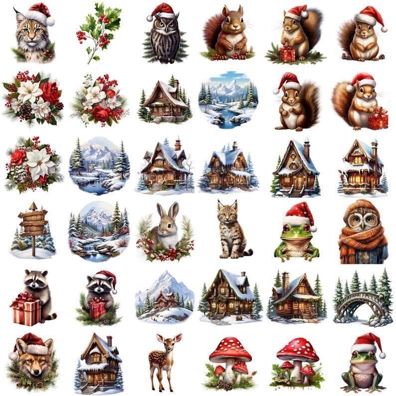 May include: A collection of 36 Christmas-themed illustrations featuring various animals, houses, and winter scenes. The illustrations include a red-nosed reindeer, a squirrel wearing a Santa hat, a frog wearing a Santa hat, a snowy owl, a raccoon wearing a Santa hat, a fox wearing a Santa hat, a rabbit, a cat, a house with a snowy roof, a bridge over a stream, and a mushroom with a red cap.