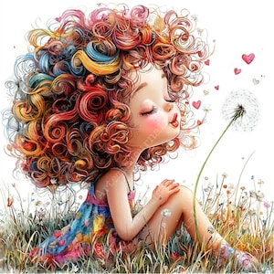 a painting of a little girl sitting in a field with a dandelion