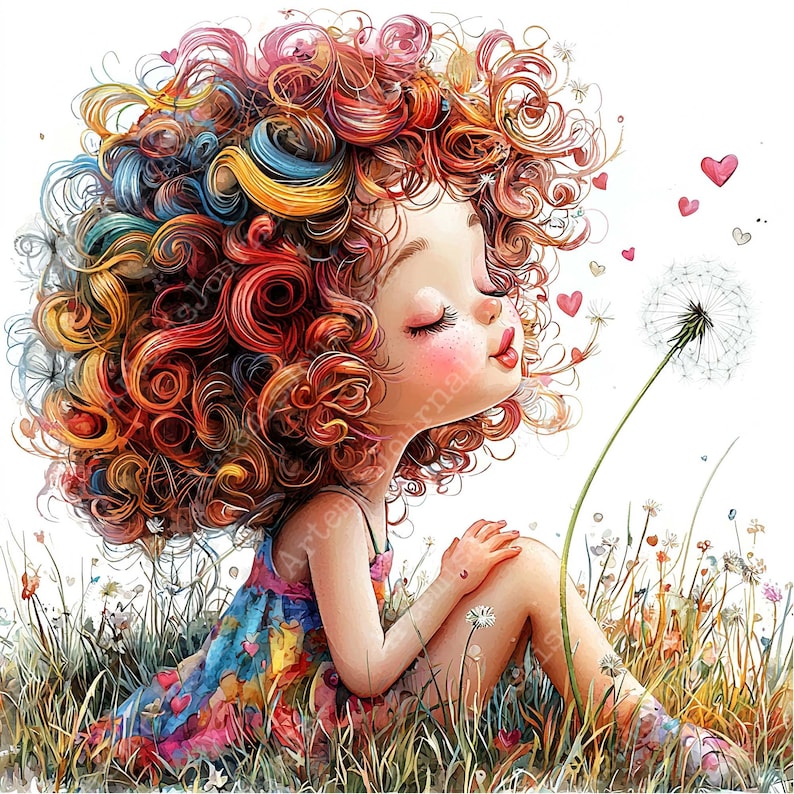 a painting of a little girl sitting in a field with a dandelion