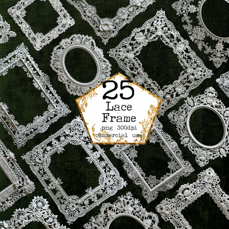 May include: A set of 25 white lace frames, perfect for adding a vintage touch to your digital designs. The frames are 300dpi and are available for commercial use.