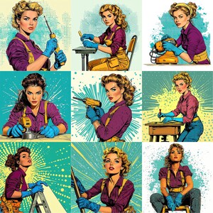 May include: A collage of nine images featuring women in various poses, each holding a different tool. The tools include a screwdriver, a sander, a drill, a wrench, and a hammer. The women are all wearing casual clothing and have a determined look on their faces. The background of each image is a different color and features a variety of patterns.