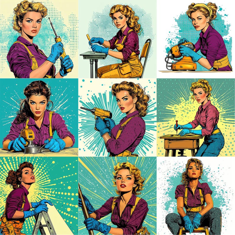 May include: A collage of nine images featuring women in various poses, each holding a different tool. The tools include a screwdriver, a sander, a drill, a wrench, and a hammer. The women are all wearing casual clothing and have a determined look on their faces. The background of each image is a different color and features a variety of patterns.