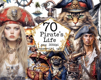 May include: A digital illustration set of 70 pirate themed images. The set includes a pirate captain, a pirate woman, a cat, a pug, a treasure chest, a cannon, a skull, an anchor, a parrot, a ship's wheel, and a palm tree.