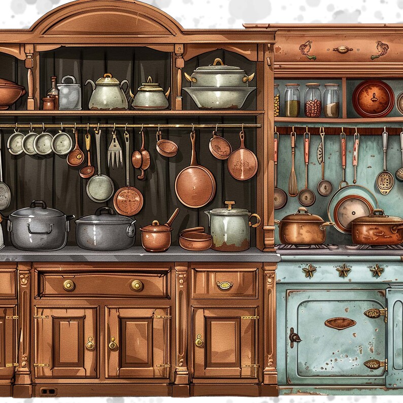 Watercolor Vintage Cupboards Clipart Bundle Antique Kitchen Clipart ...