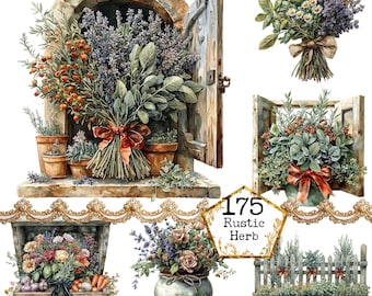 PNG + JPEG aquarelle herbes rustiques Clipart Bundle Cottagecore Clipart Village Herbe Téléchargement instantané Papier Artisanat indésirable Journal Scrapbooking