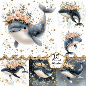 Bundle de cliparts aquarelle baleine florale animal de mer baleine magique art des grands fonds marins téléchargement immédiat artisanat en papier journal indésirable Scrapbooking