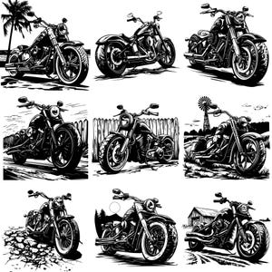 May include: A black and white illustration of nine different motorcycle designs. Each motorcycle is a classic cruiser style with a large front wheel and a long, low frame. The motorcycles are drawn in a realistic style with detailed features like chrome accents and engine parts.